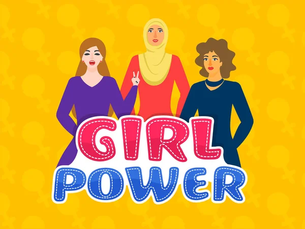 Sticker Style Girl Power Text with Different Religion Gro - Stok Vektor