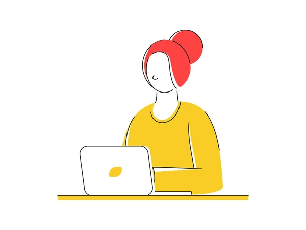 Gezichtsloos jong meisje werken in laptop op witte achtergrond. — Stockvector
