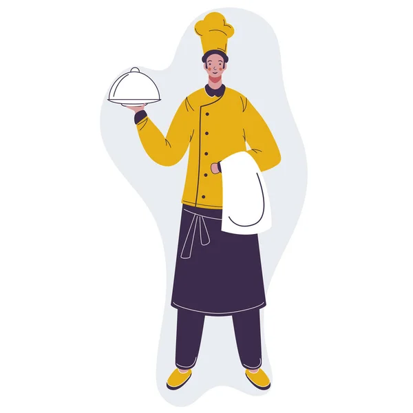 Chef Carácter sosteniendo Cloche y Toalla . — Archivo Imágenes Vectoriales