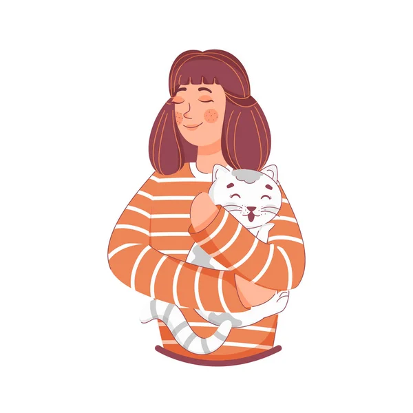 Joven chica llevando gato en blanco fondo . — Vector de stock
