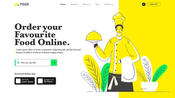 Responsive Landing Page Ontwerp met Chef-kok houden Cloche voor Orde — Stockvector