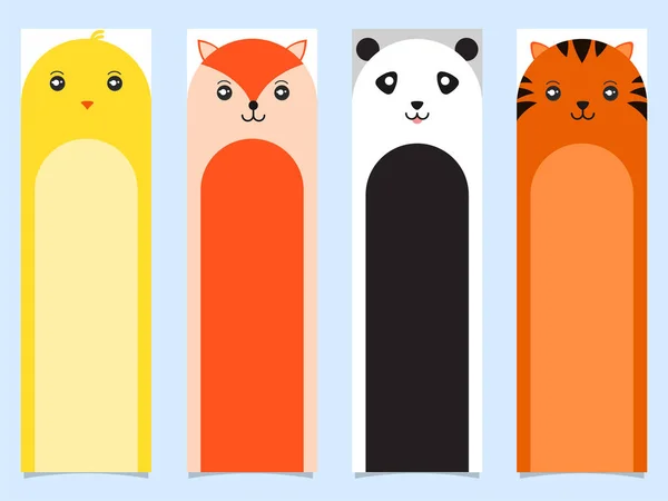 Marcadores de páginas coloridos de desenhos animados Pintainho, Raposa, Panda, Tigre — Vetor de Stock