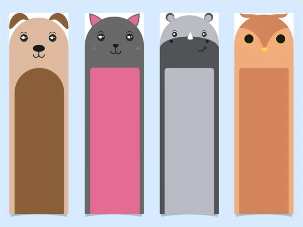 Bladwijzers van Cartoon Dog, Cat, Hippo, Uil in verschillende kleuren — Stockvector