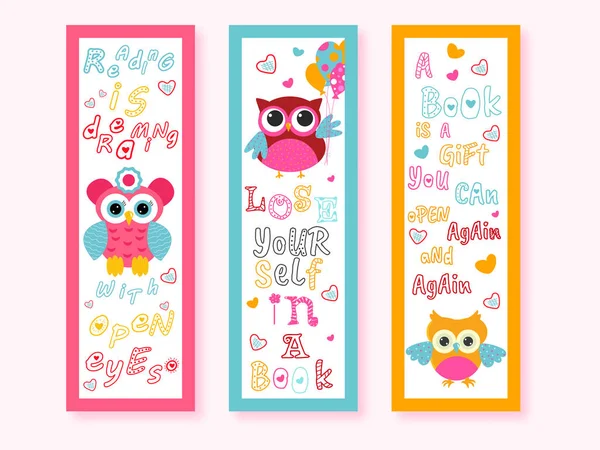 Printable Cartoon Owl Bookmarks with Messages in Three Color Opt — 스톡 벡터