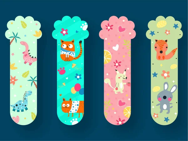 Färgglada bokmärken med djur, blommor och ballonger. — Stock vektor