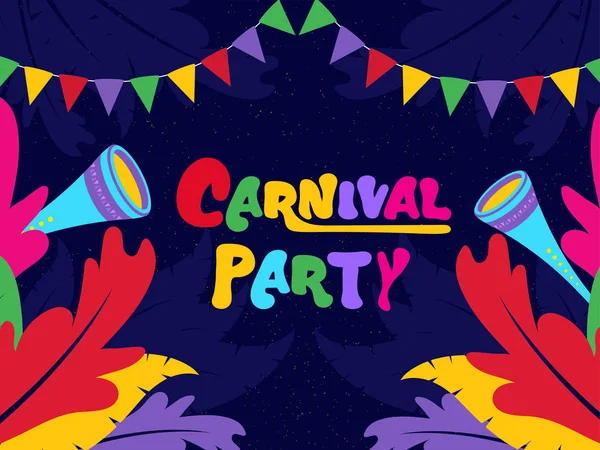 Texto colorido do partido do carnaval com chifres do partido e decoração da pena — Vetor de Stock