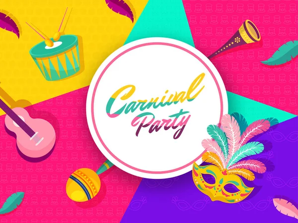 Carnaval Party Font em moldura circular com máscara de festa e música — Vetor de Stock