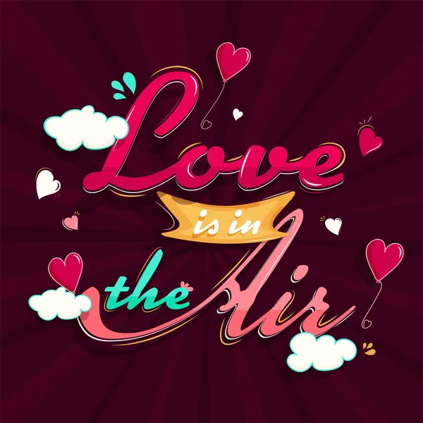 Liefde is in de lucht lettertype met hart ballonnen en wolk op Burgund — Stockvector