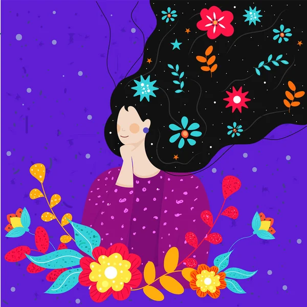 Mulher dos desenhos animados cabelo longo fluindo com flores coloridas e folhas — Vetor de Stock