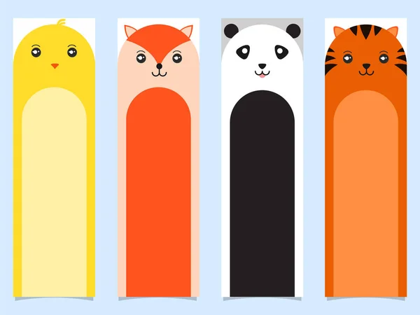 Çizgi film Chick, Fox, Panda, Tiger 'ın Renkli Basılabilir Yer İmleri — Stok Vektör