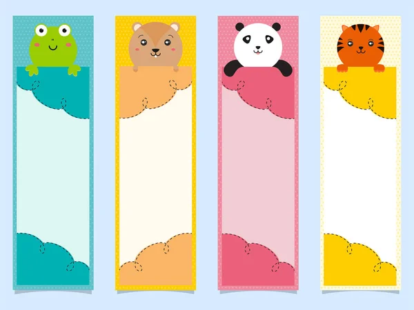 Rana de dibujos animados, oso, panda, tigre celebración de diferentes colores Bookmar — Vector de stock