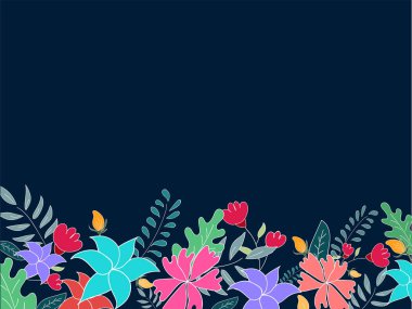 Mavi Arkaplanda Yaprakları Süslemeli Renkli Çiçekler.