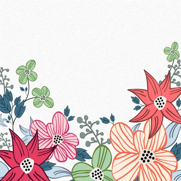 Doodle estilo flores coloridas com folhas decoradas na White Con —  Vetores de Stock