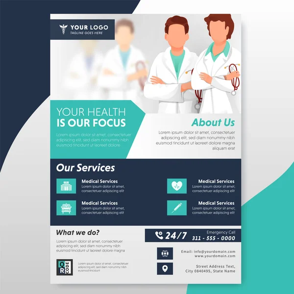 Brochure de soins de santé ou conception de modèle avec le caractère de docteur et Gi — Image vectorielle