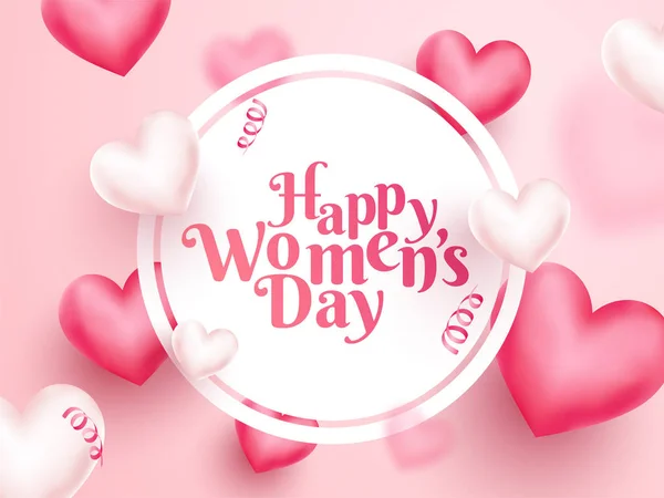 Happy Women 's Day tekst in cirkelvormig kader met 3D-harten versieren — Stockvector