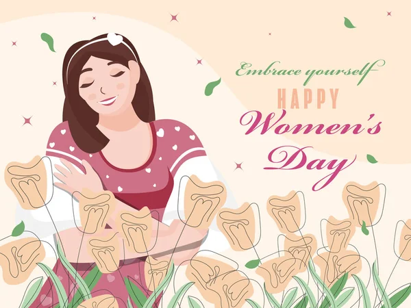 Chica joven haciendo Abrazo a ti mismo con flores decoradas en la espalda — Vector de stock