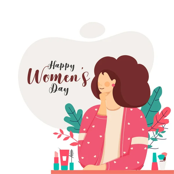 Happy Women's Day แบบอักษร กับ การ์ตูน สาวน้อย, รายการแต่งหน้าและ — ภาพเวกเตอร์สต็อก