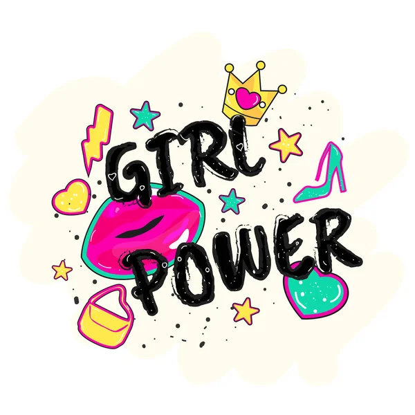 Creative Text Girl Power with Doodle Style Lip, Crown, Hearts, S - Stok Vektor