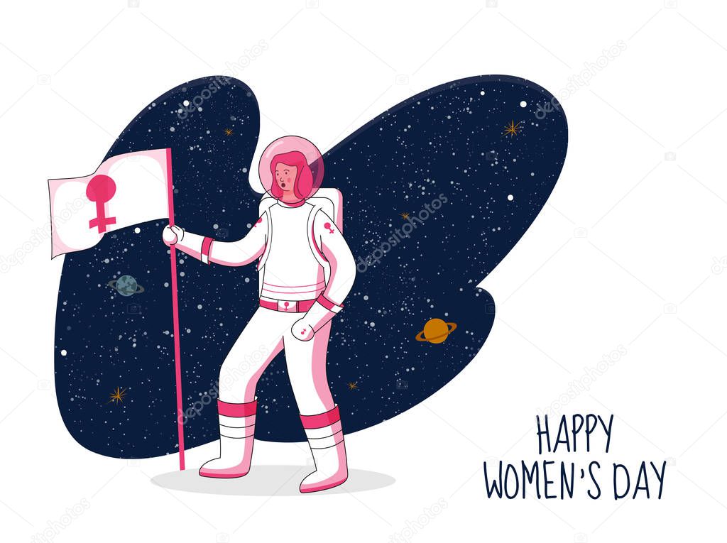 Female Astronaut holding Flag with Venus Sign on Abstract Outer 