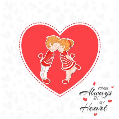 Sticker Style Kids Couple Kissing in Heart Shape with Love Quote