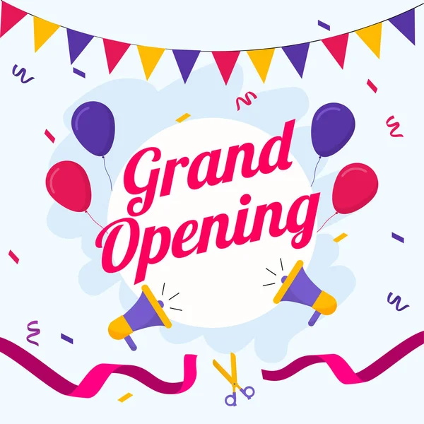 Grand Opening Font with Loudspeakers, Balloons and Ribbon Cuttin — Stock vektor