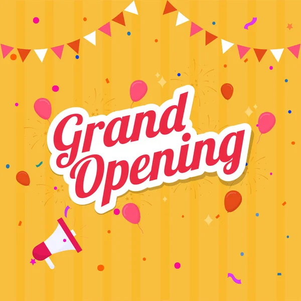 Sticker Style Grand Opening Font with Loudspeaker, Balloons, Con — ストックベクタ