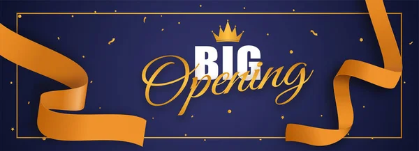 Big Opening Font with Crown and Golden Confetti Ribbon on Blue B — Stock vektor