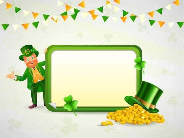 Happiness Leprechaun Man holding Empty Rectangle Frame with Hat, — Stok Vektör