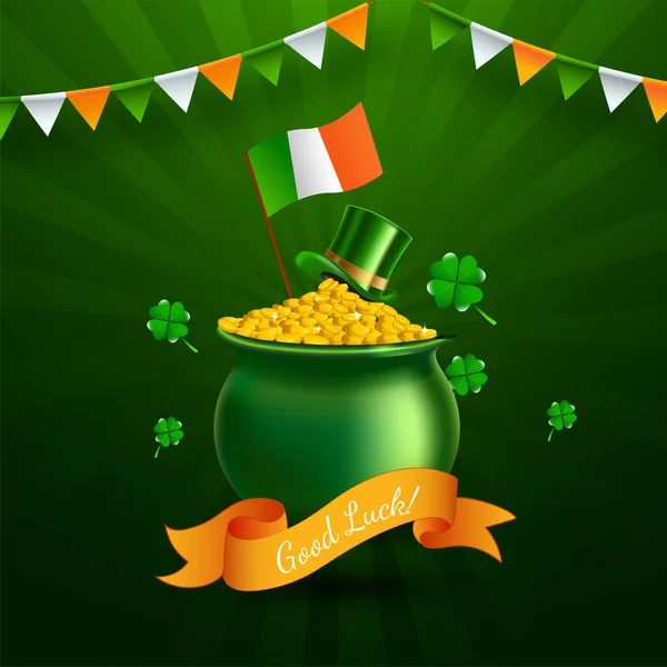 Pot de pièces d'or avec chapeau de lutin, feuilles de Shamrock et irlandais — Image vectorielle