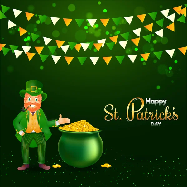 Smoker Leprechaun Man Showing Golden Coins Pot and Bunting Flag — Stock Vector