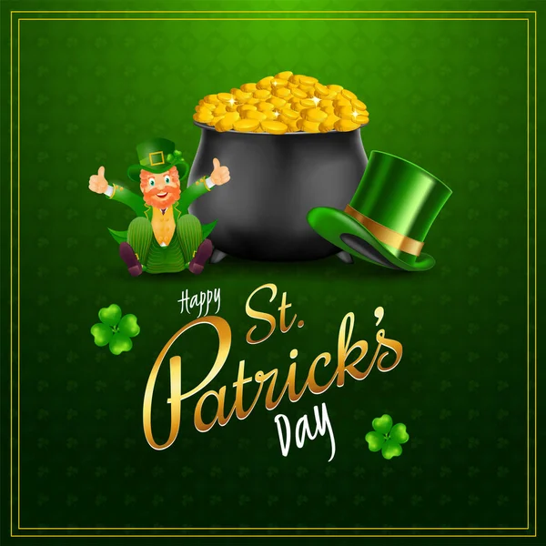 Happy St. Patrick 's Day Font with Golden Coins Pot and Cheerful — Stock Vector