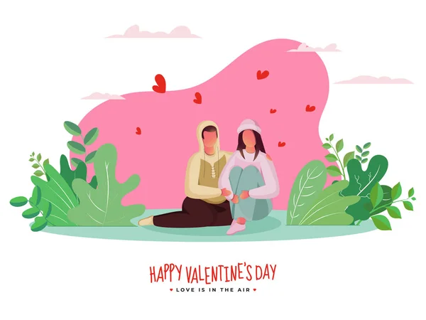 Tecknad älskare par sitter tillsammans med hjärtan och gröna blad — Stock vektor