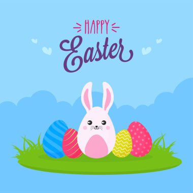 Mavi Bulutların Arkasında Tavşan Yumurtaları ile Mutlu Paskalya Yazı Tipi