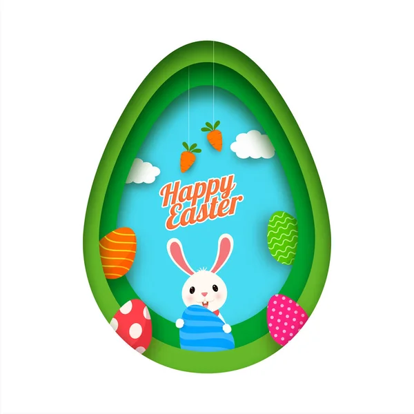 Forma di uovo di stile di taglio di carta sfondo con cartone animato Bunny holding — Vettoriale Stock
