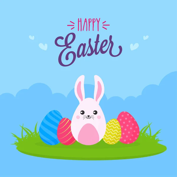 Happy Easter Font with Cartoon Bunny Eggs on Blue Clouds Backgro — 스톡 벡터