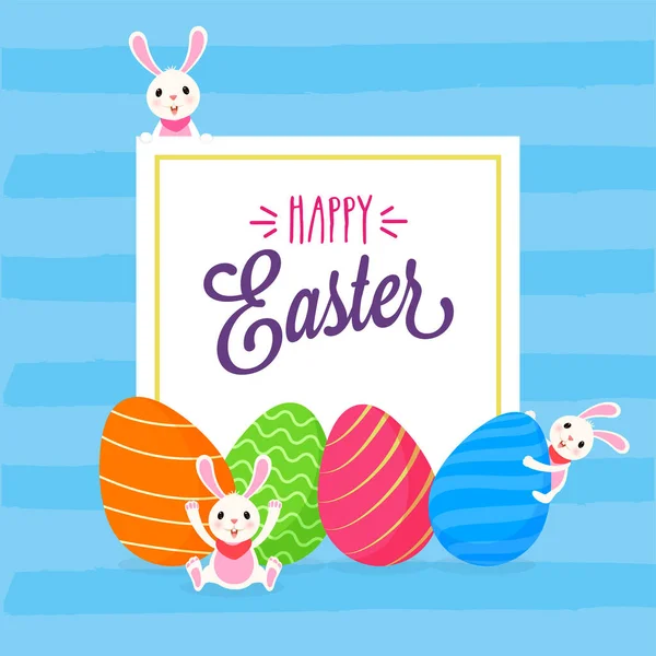 Happy Easter Font in White Paper with Cartoon Bunnies and Printe — Stock Vector