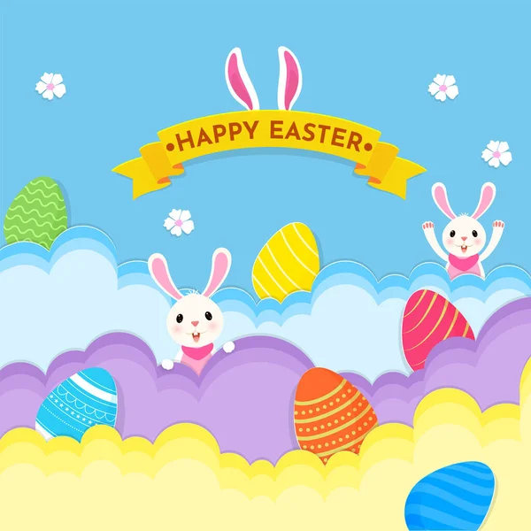 Happy Easter Celebration Concept with Cartoon Bunnies, Printed E — Stock Vector