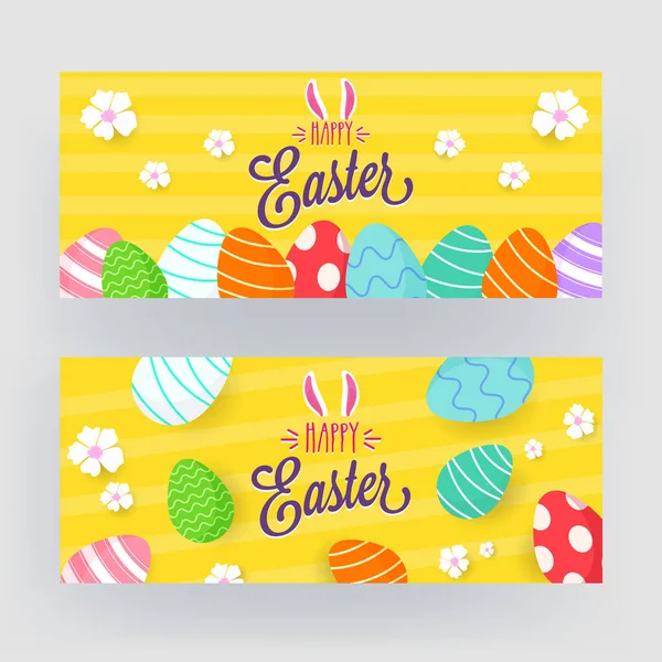 Fröhliche Osterschrift mit Hasenohren, Blumen und bedruckten Eiern — Stockvektor