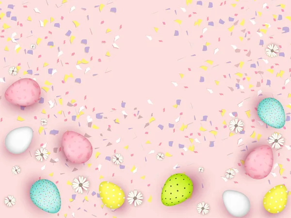 Oeufs imprimés de différentes couleurs avec confettis et fleurs décorés — Image vectorielle