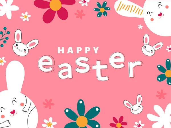Happy Easter Text with Cartoon Bunnies Face and Flowers Decorate — Stock Vector