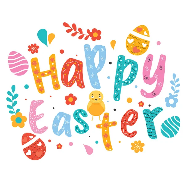 Testo creativo felice Pasqua con pollastrella uccello, uova stampate e Flo — Vettoriale Stock