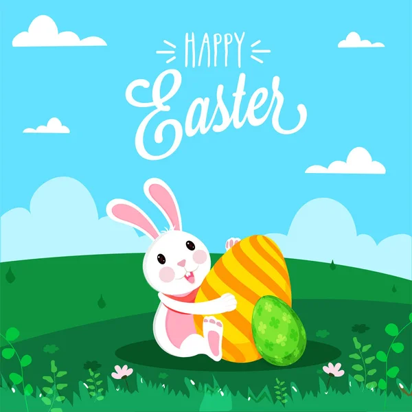 Cartoon Bunny met Gedrukte Eieren op Groene Natuur en Blauwe Wolken — Stockvector