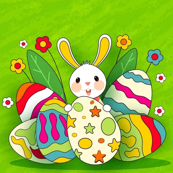 Cartoon Cute Bunny z kolorowymi króliczkami i kwiatami na — Wektor stockowy