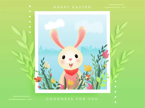 Cartoon Bunny with Floral Landscape in Frame or Photograph on Gr — Stock Vector