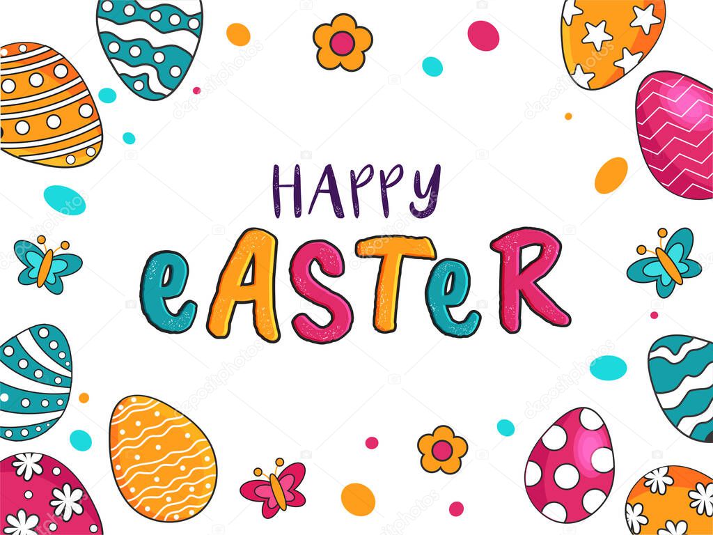 Happy Easter Text with Colorful Printed Eggs, Flowers and Butter