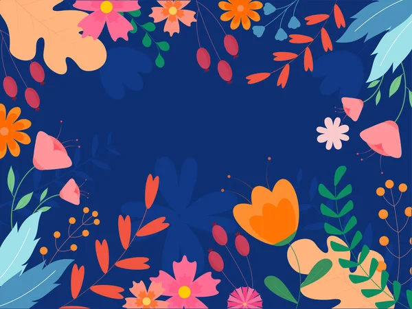 Flores coloridas y hojas decoradas sobre fondo azul . — Vector de stock