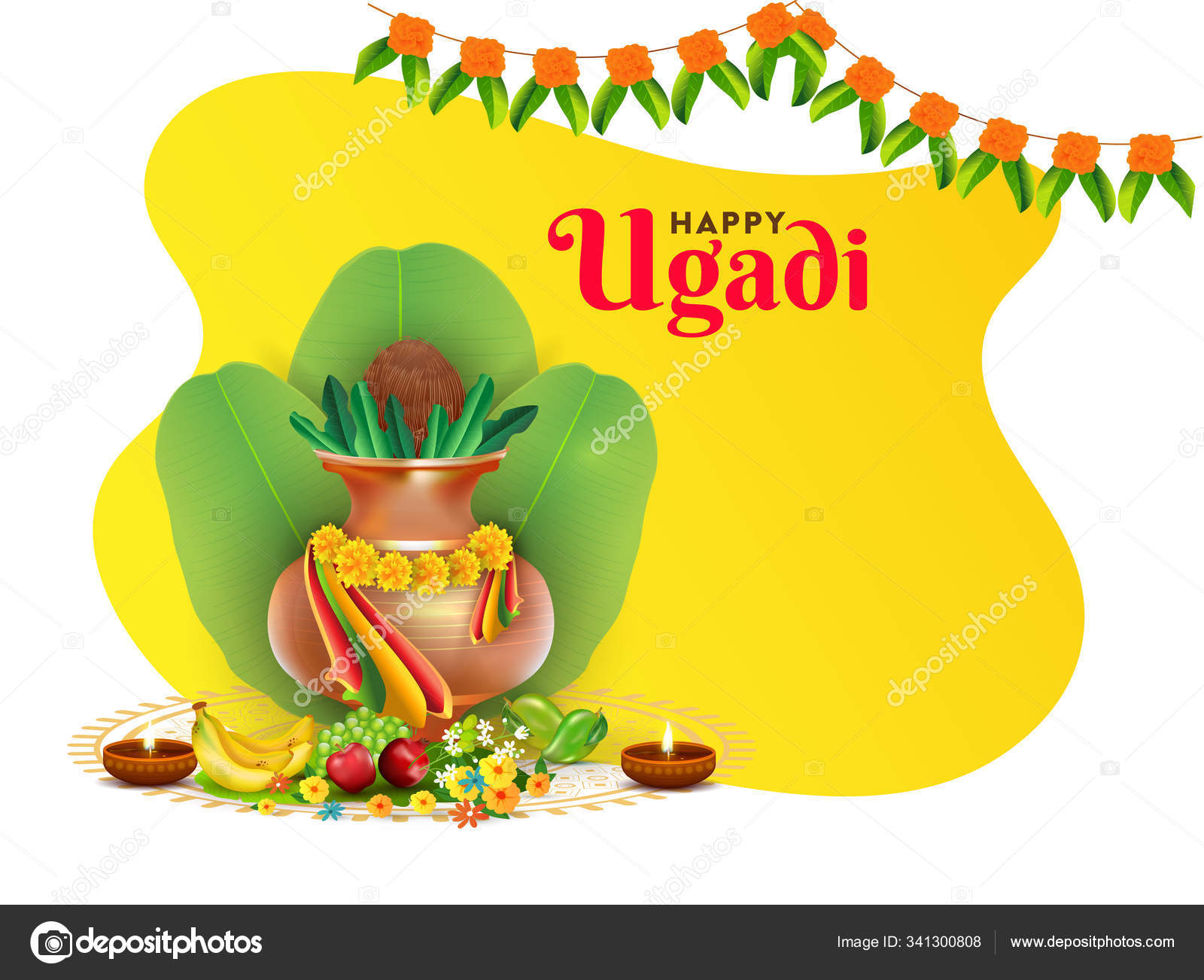 Happy Ugadi Celebration Concept with Worship Pot (Kalash), Banan Stock  Vector Image by ©alliesinteract #341300808