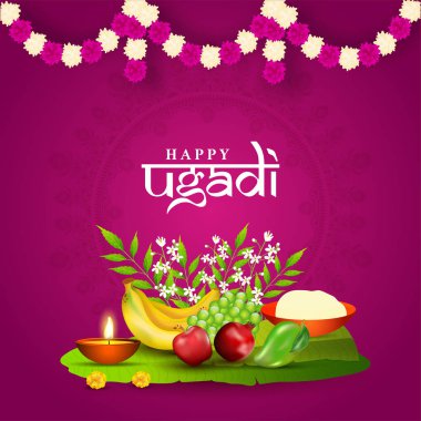 Meyveli, Neem Yapraklı, Çiçekli Mutlu Ugadi Poster Tasarımı