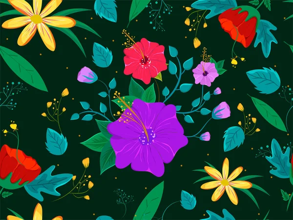 Płynne piękne kwiaty i liście ozdobione na zielonym tle — Wektor stockowy