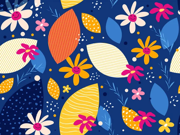 Flores y hojas coloridas sin costuras decoradas sobre fondo azul — Vector de stock